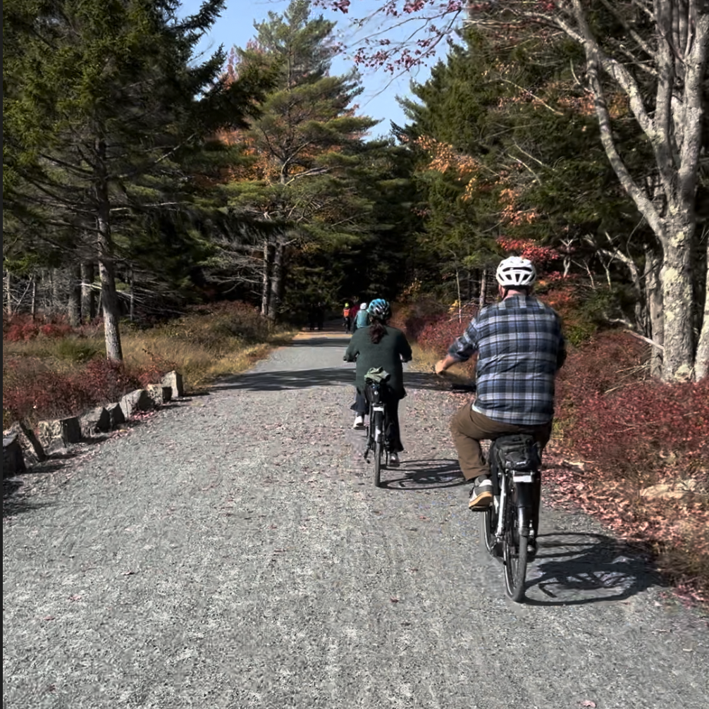 island-time-ebike-carriage-roads-riders a couple riding ebikes on Acadia National Park's Carriage Roads